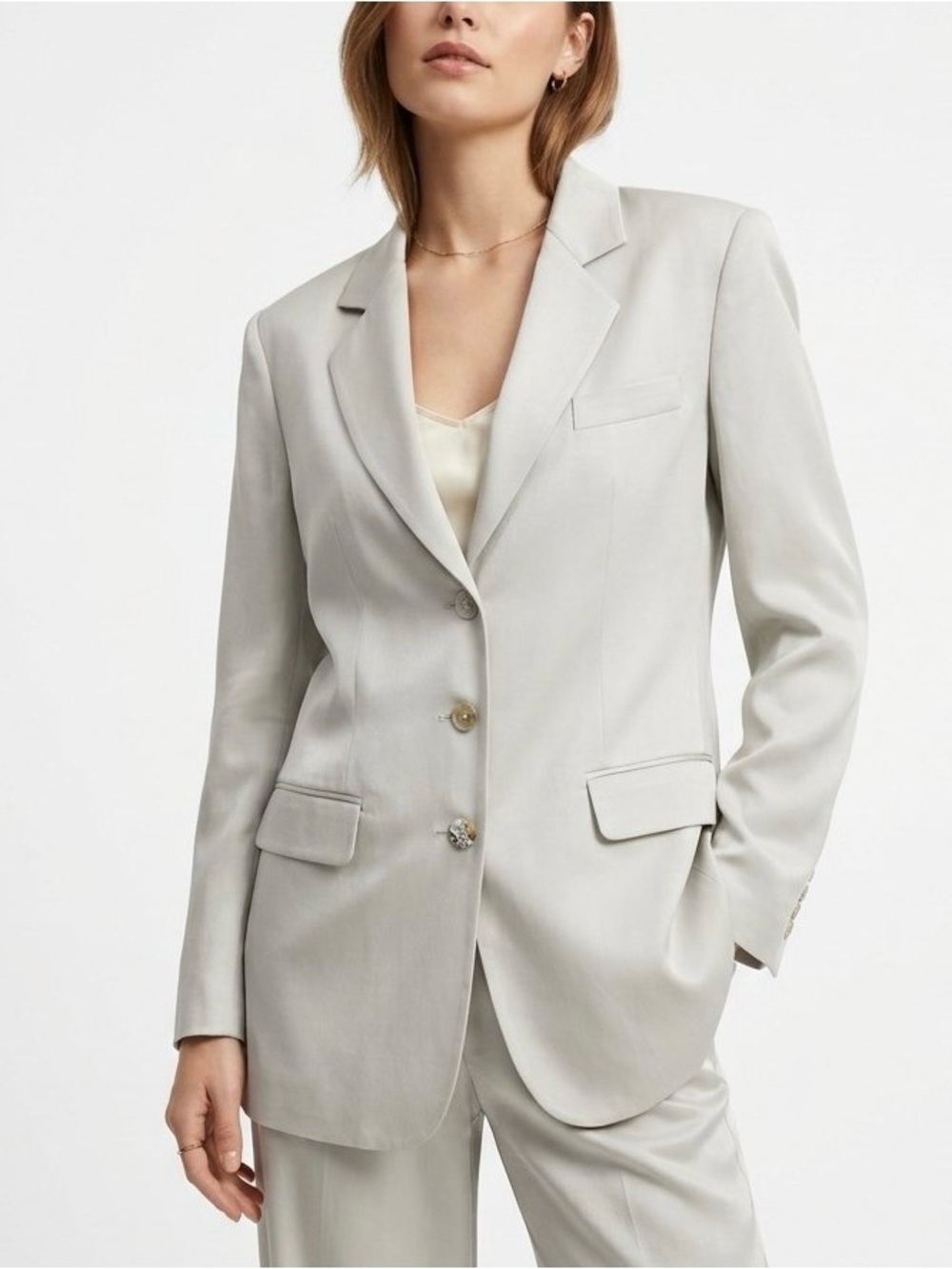 INC International Concepts Vintage 90s Silk Light Gray Single Breasted Blazer M